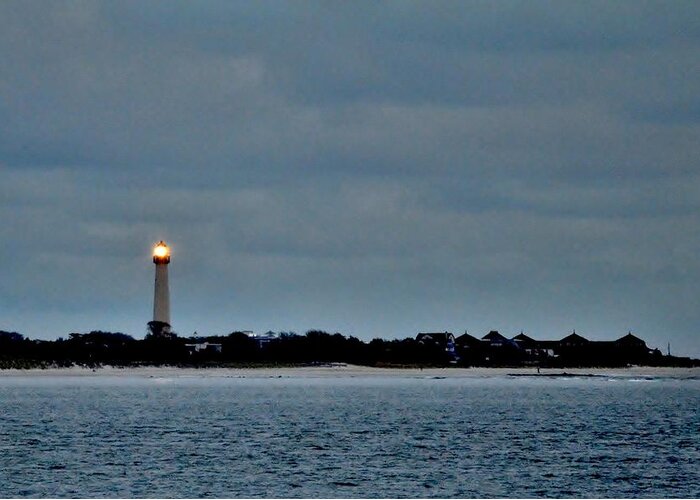Lighthouse Greeting Card featuring the photograph Night Beacon - Cape May Lighthouse by Kim Bemis