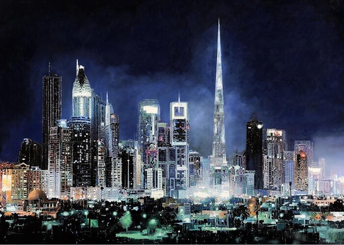 Emirates Greeting Card featuring the painting night in Dubai City by Guido Borelli