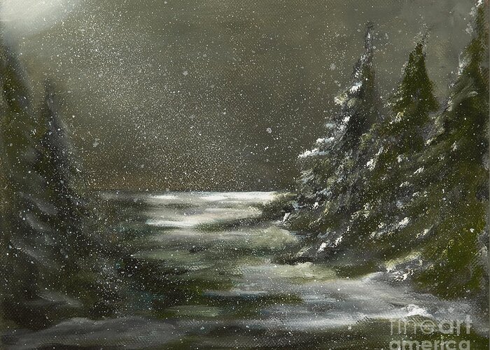 Winter Greeting Card featuring the painting Night in the Pines by Carol Sweetwood