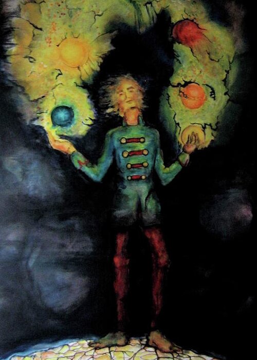 Mystical Greeting Card featuring the painting Night Juggler by Marilyn Green