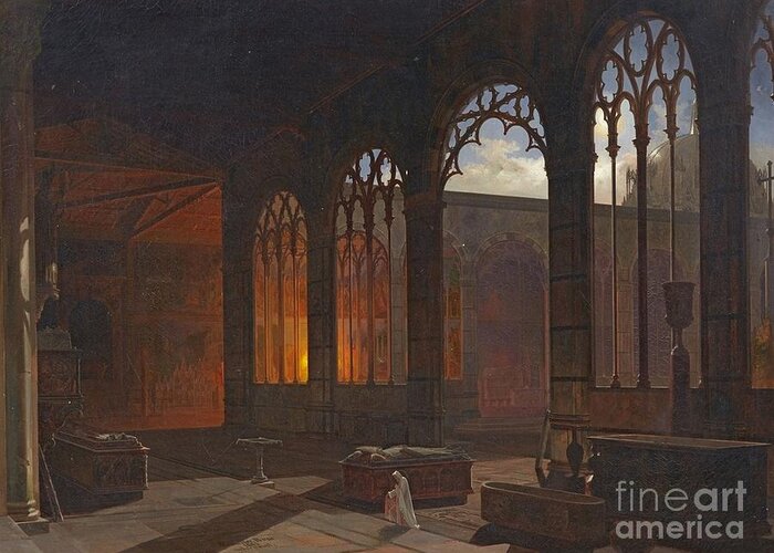 A. E. Haffer Greeting Card featuring the painting Night Scene with a Monk in a Gothic Cloister by MotionAge Designs