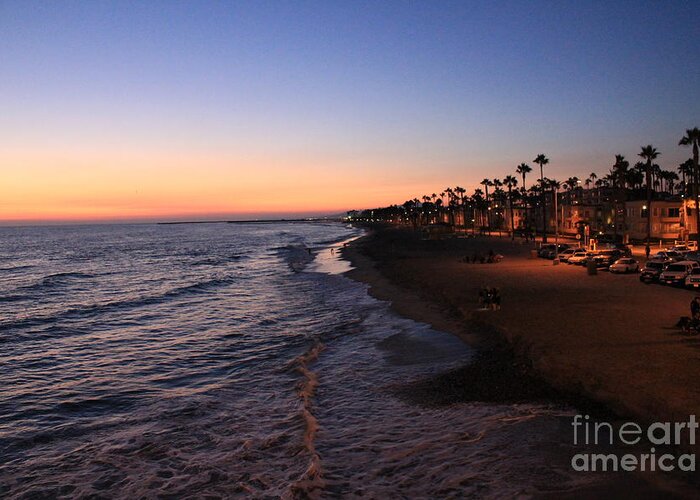 Night Beach Ocean California Lights Oceanside Palms Photography Photosbykymm Landscape Greeting Card featuring the photograph Night shot by Kim Pascu
