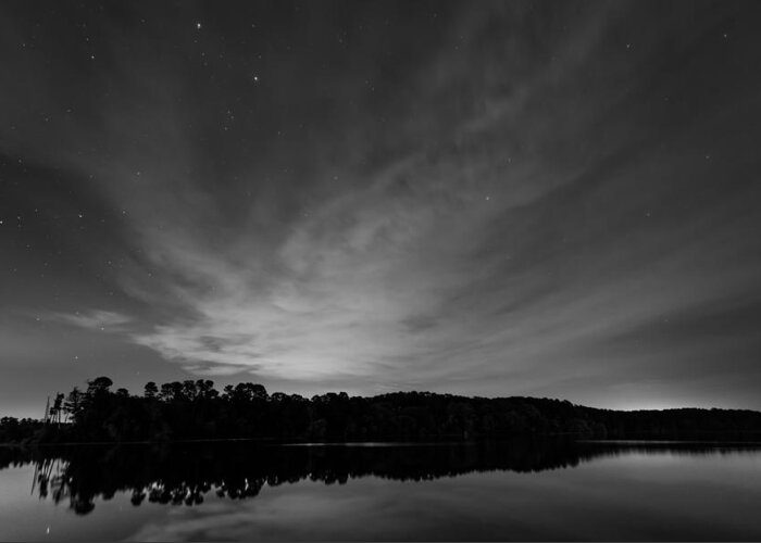 Night Sky Greeting Card featuring the photograph Night Sky Over The Lake in Black and White by Todd Aaron