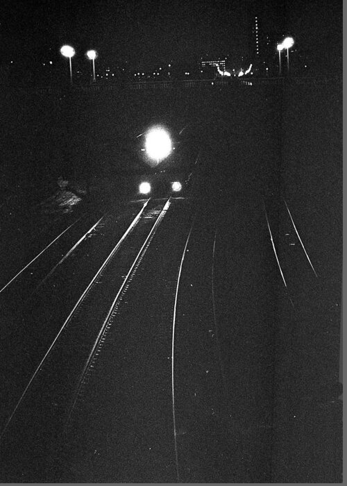 Black/white Greeting Card featuring the photograph Night Train by Carol Neal-Chicago