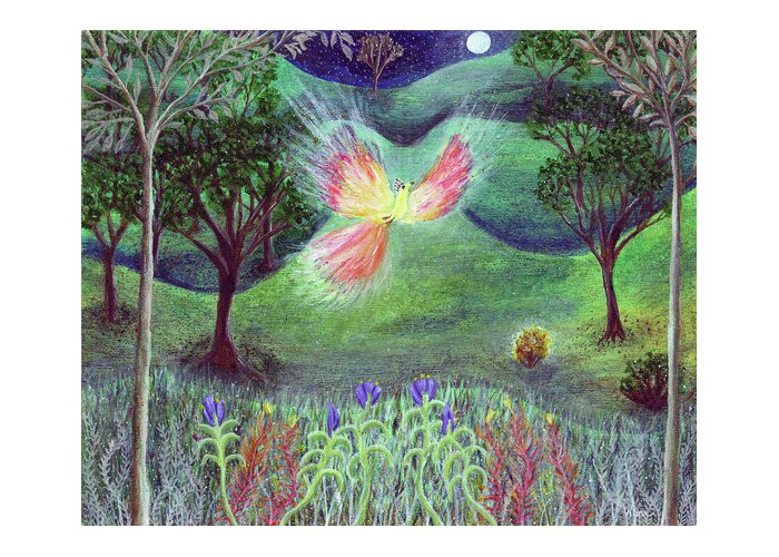 Lise Winne Greeting Card featuring the painting Night With Fire bird and Sacred Bush by Lise Winne