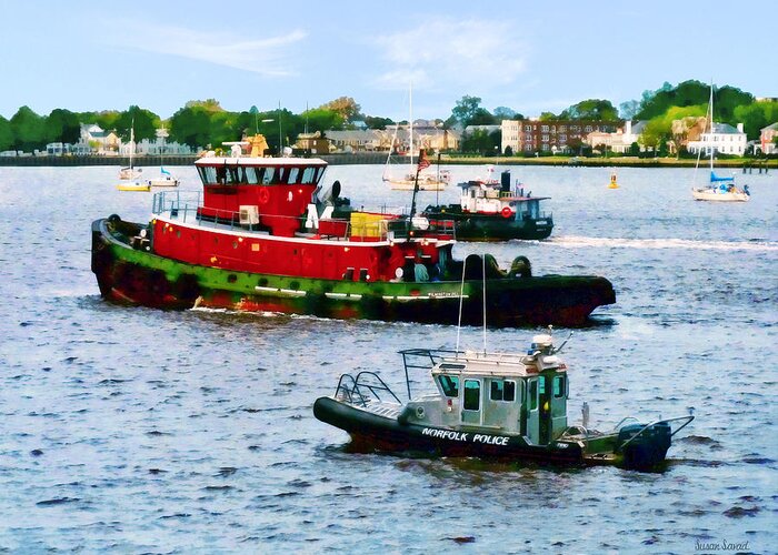 Boat Greeting Card featuring the photograph Norfolk VA - Police Boat and Two Tugboats by Susan Savad