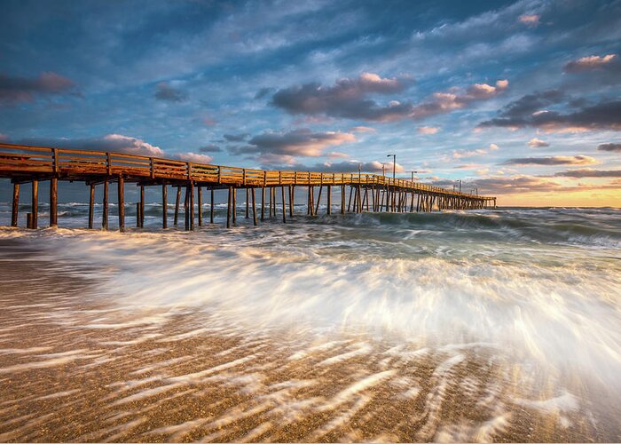 Outer Banks Greeting Card featuring the photograph North Carolina Outer Banks Nags Head Pier Seascape at Sunrise by Dave Allen