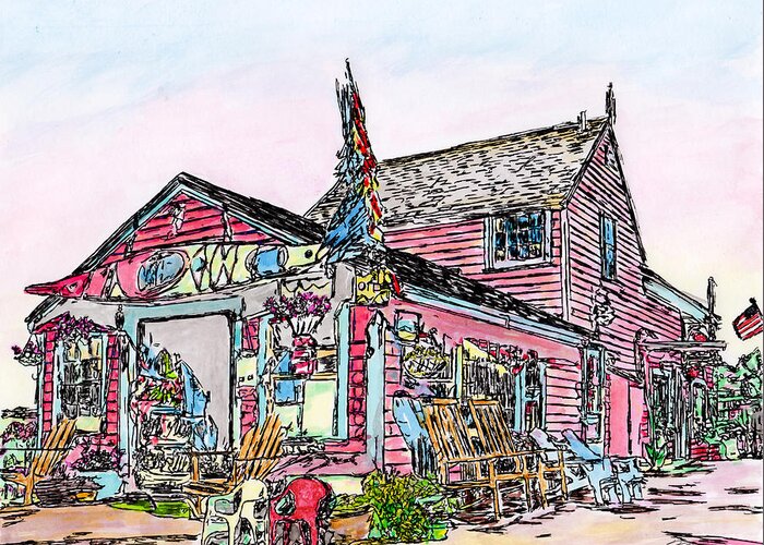 Pen Greeting Card featuring the drawing North Shore Kayak Shop, Rockport Massachusetts by Michele A Loftus