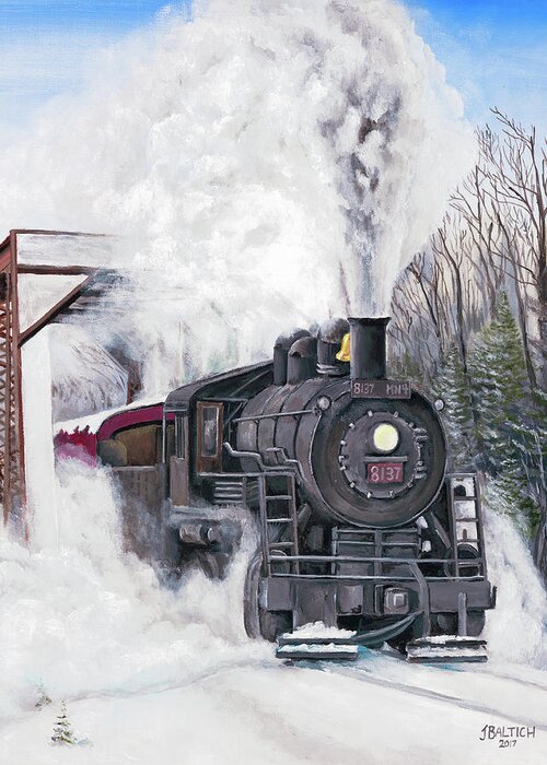 Train Greeting Card featuring the painting Northbound at 35 Below by Joe Baltich