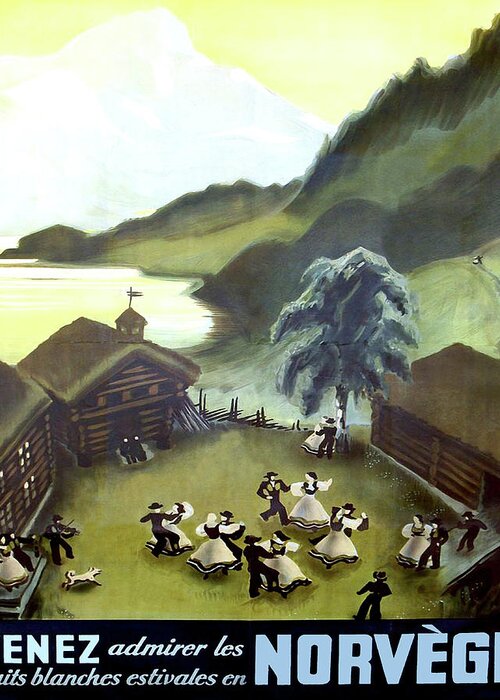 Norway Greeting Card featuring the painting Norway, small village, dancing couples by Long Shot