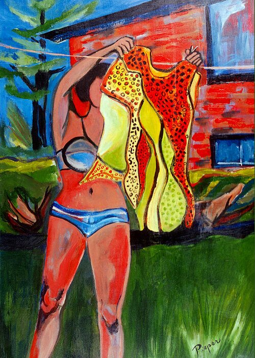 Girl In Bikini Greeting Card featuring the painting Not Your Grandma's Clothes Line by Betty Pieper