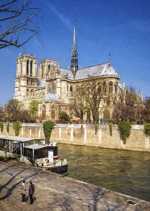 Joan Carroll Greeting Card featuring the photograph Notre Dame and the Seine Painterly by Joan Carroll
