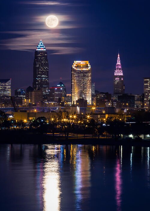 November Moon In Cleveland Greeting Card featuring the photograph November Moon In Cleveland by Dale Kincaid