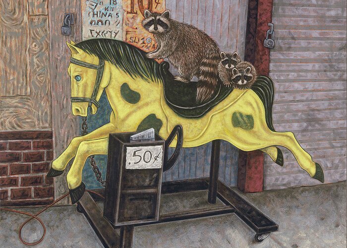 Raccoons Greeting Card featuring the painting Now We Ride II by Holly Wood