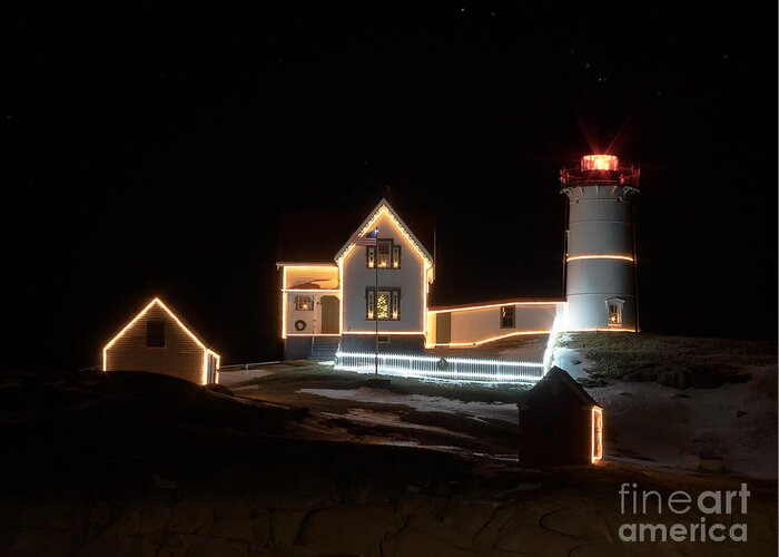 Nubble At Night Greeting Card featuring the photograph Nubble at Night by Patrick Fennell
