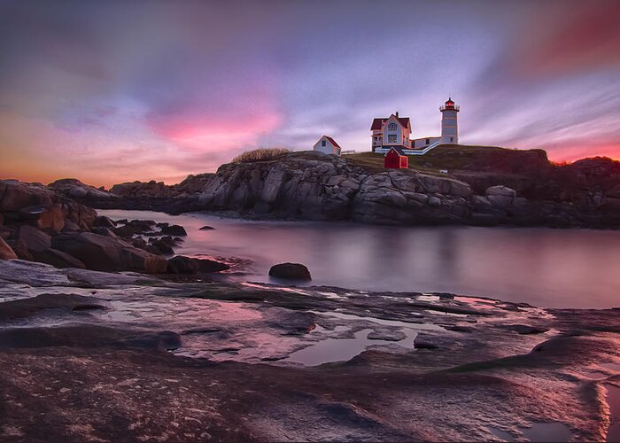 Nubble Greeting Card featuring the photograph Nubble Lighthouse at Sunrise York ME by Betty Denise