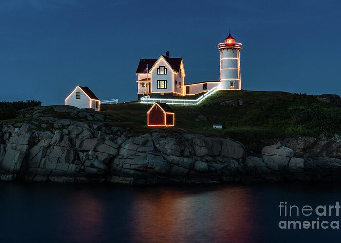 Nubble Lighthouse Greeting Card featuring the photograph Nubble Lighthouse Christmas in July by Craig Shaknis