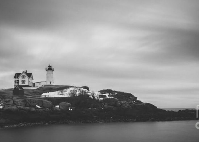 Nubble Lighthouse Greeting Card featuring the photograph Nubble Lighthouse Overcast BW by Michael Ver Sprill