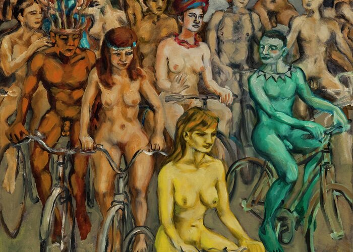 Body-paint Greeting Card featuring the painting Nude cyclists with bodypaint by Peregrine Roskilly