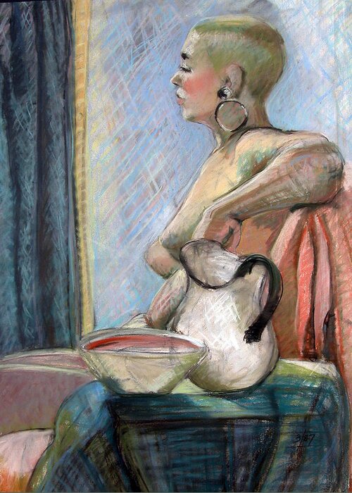 Nude Greeting Card featuring the painting Nude with Hooped Earring by Synnove Pettersen