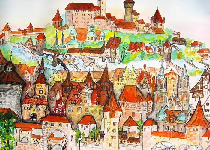 Hand Drawn Greeting Card featuring the painting Nuremberg Germany by Irina Afonskaya