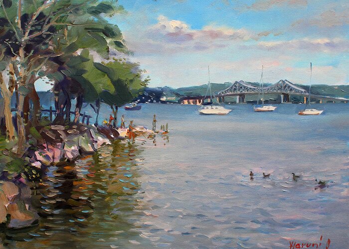 Nyack Park Ny Greeting Card featuring the painting Nyack Park by Hudson River by Ylli Haruni