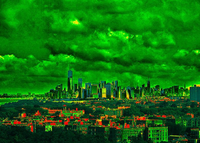 Nyc Skyline Greeting Card featuring the mixed media NYC Skyline Night Vision by Stacie Siemsen