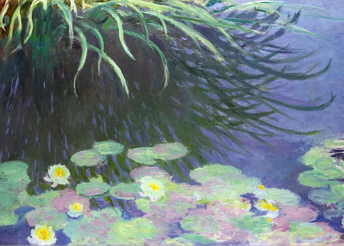 Claude Monet Greeting Card featuring the painting Nympheas avec Reflets de Hautes Herbes by Claude Monet