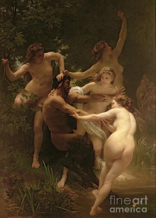 Nymphs And Satyr Greeting Card featuring the painting Nymphs and Satyr by William Adolphe Bouguereau
