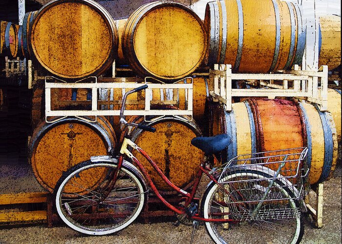 Oak Wine Barrels Greeting Card featuring the photograph Oak Barrels and Bicycle by Margaret Hood