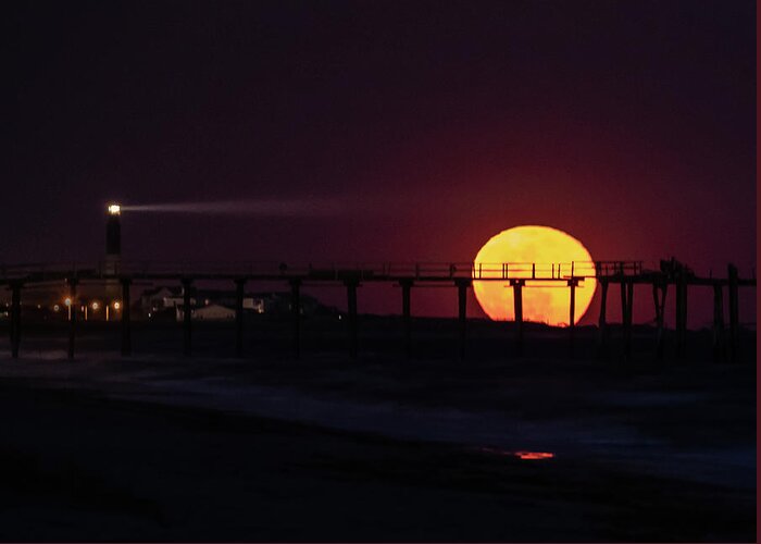 Beach Greeting Card featuring the photograph Oak Island Pier full Moon by Nick Noble