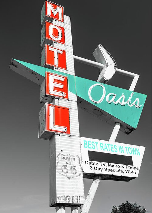 America Greeting Card featuring the photograph Oasis Motel Vintage Neon Sign - Selective Color by Gregory Ballos