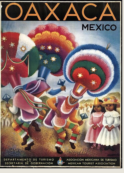 Oaxaca Greeting Card featuring the mixed media Oaxaca, Mexico - Mexicans Dancing in Ceremonial Dress - Retro travel Poster - Vintage Poster by Studio Grafiikka