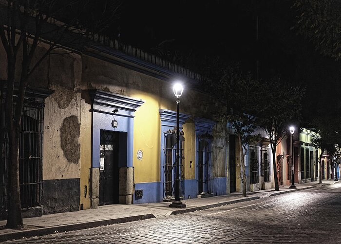 Oaxaca Greeting Card featuring the photograph Oaxaca street at night, 2016 by Chris Honeyman