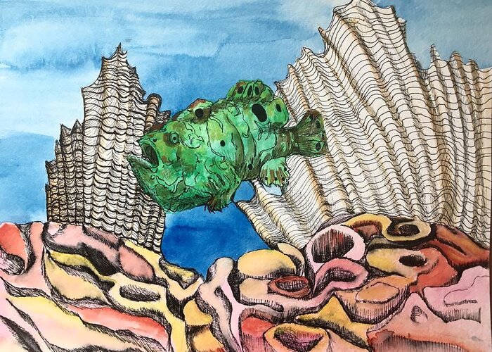  Ocellated Greeting Card featuring the painting Ocellated Frogfish by Mastiff Studios