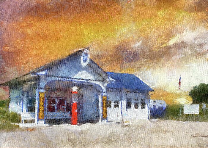Red Greeting Card featuring the photograph Odell IL Gas Station At SunSet PA by Thomas Woolworth