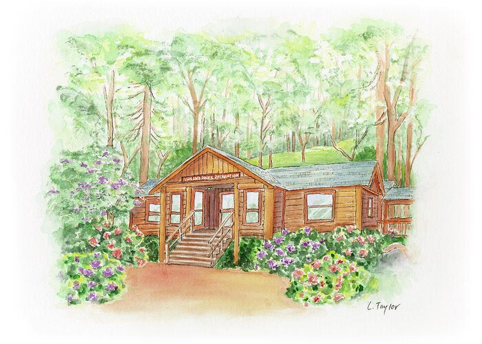 Log Cabin Greeting Card featuring the painting Office in the Park by Lori Taylor