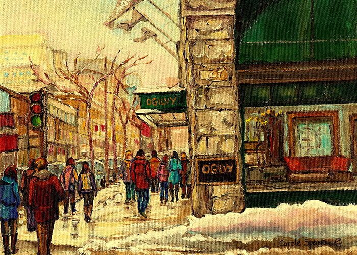 Ogilvys Department Store Greeting Card featuring the painting Ogilvys Department Store Downtown Montreal by Carole Spandau