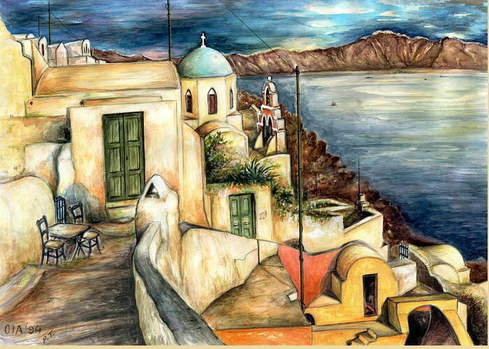 Santorini Greeting Card featuring the painting Oia Santorini Greece - Watercolor by Peter Potter