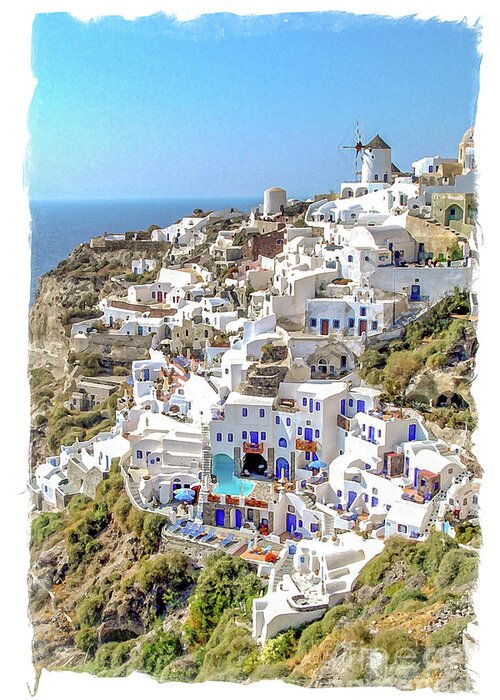 Santorini Greeting Card featuring the painting View of the village of Oia, Santorini by Delphimages Photo Creations