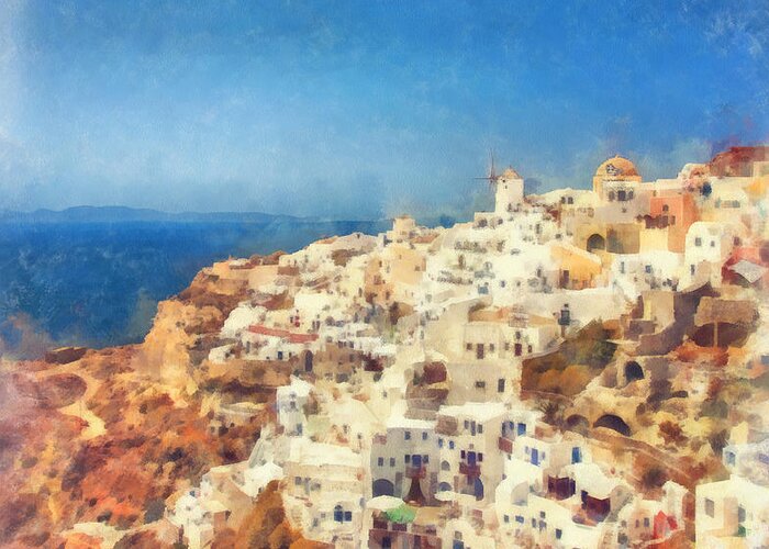 Tourism Greeting Card featuring the photograph Oia watercolour by Sophie McAulay