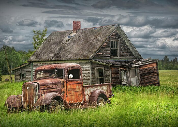 Landscape Greeting Card featuring the photograph Old Abandoned Pickup by run down Farm House by Randall Nyhof