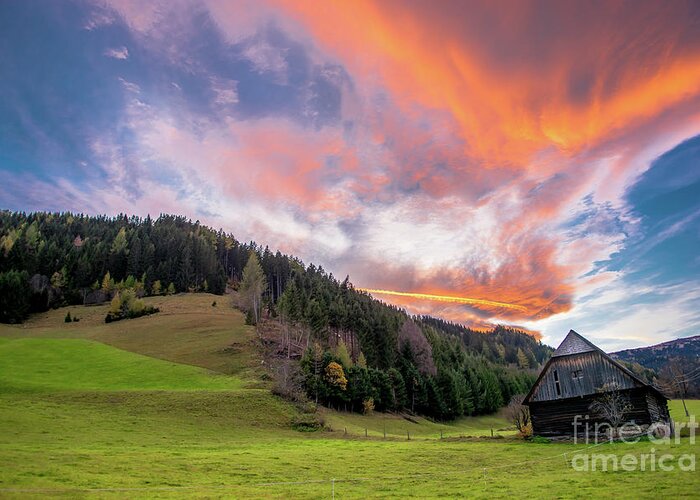 Barn Greeting Card featuring the photograph Old Barn At Sunset With Red Clouds by Andreas Berthold