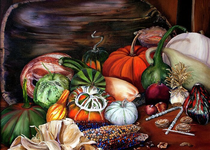 Still Life Greeting Card featuring the painting Old Bowl Cornucopia by Terry R MacDonald