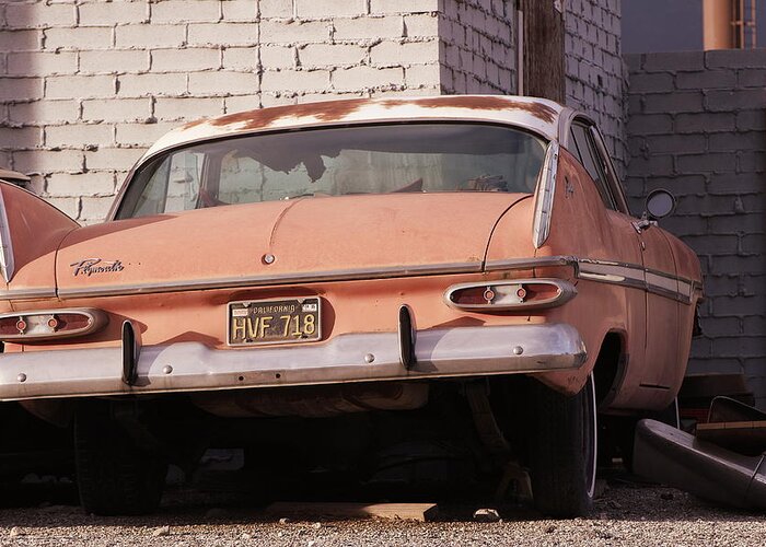 Classic Plymouth Greeting Card featuring the photograph Old Faded Red Plymouth in Sunset Tones by Colleen Cornelius