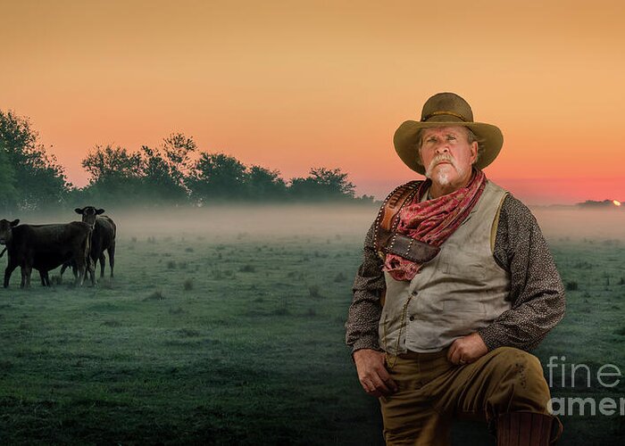 Dry Creek Greeting Card featuring the photograph Old Farmer With Cows at Sunrise, Florida by Liesl Walsh