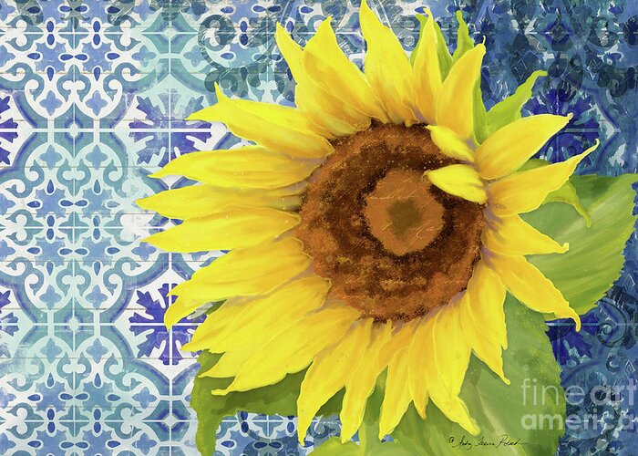 Old Havana Greeting Card featuring the painting Old Havana Sunflower - Cobalt Blue Tile Painted over Wood by Audrey Jeanne Roberts