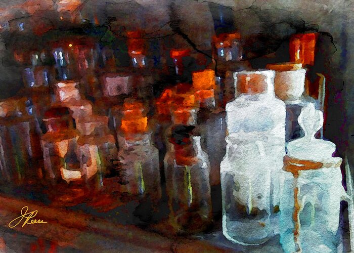 Watercolor Greeting Card featuring the painting Old Jars by Joan Reese