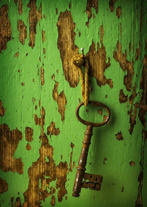 Old Greeting Card featuring the photograph Old Key On Green Wall by Garry Gay