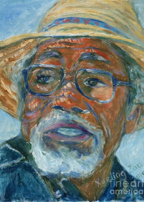 African American Greeting Card featuring the painting Old Man Wearing A Hat by Xueling Zou